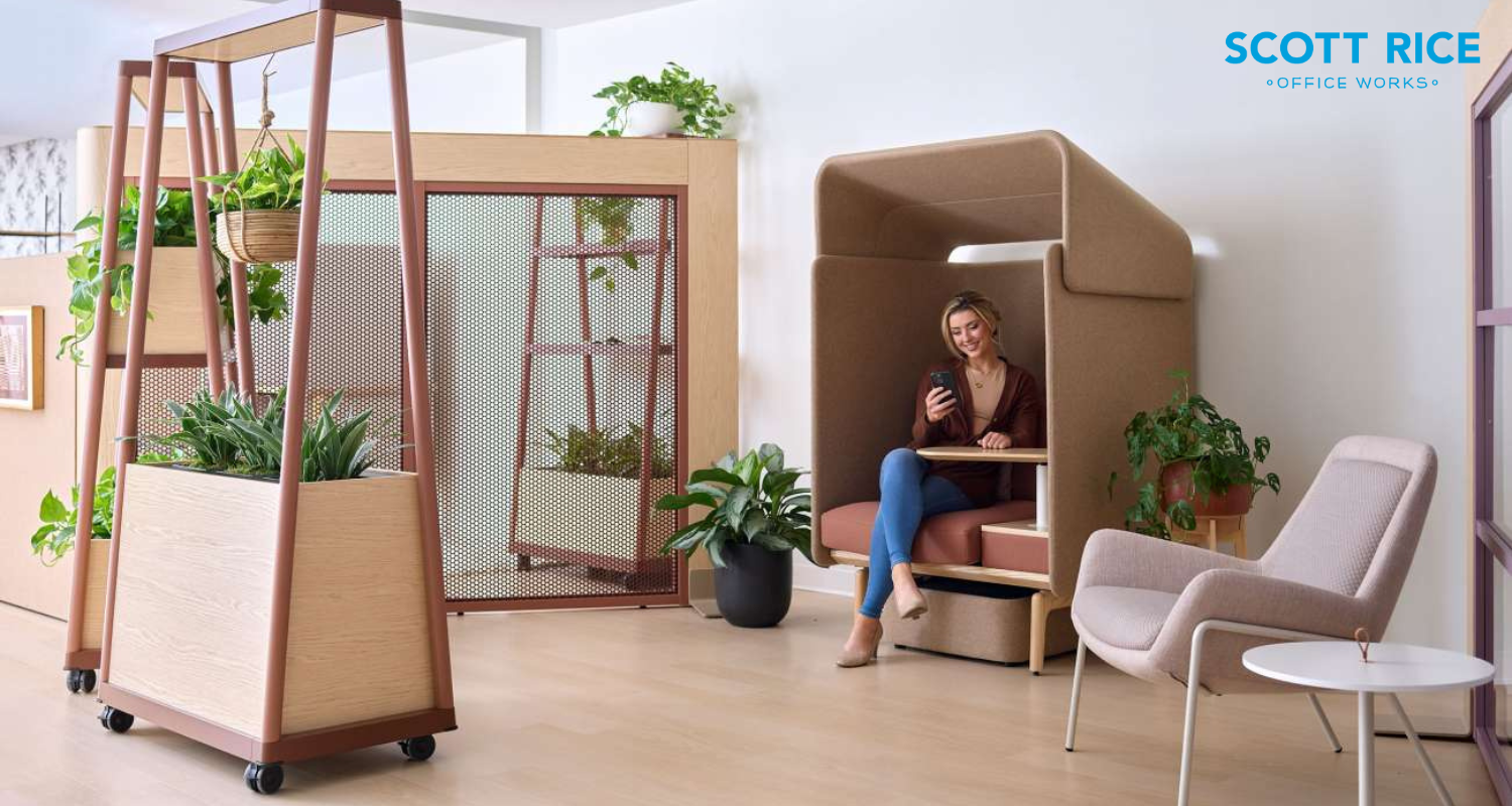 woman sitting stylish office furniture