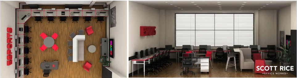 rendering and final side by side school media room redesign